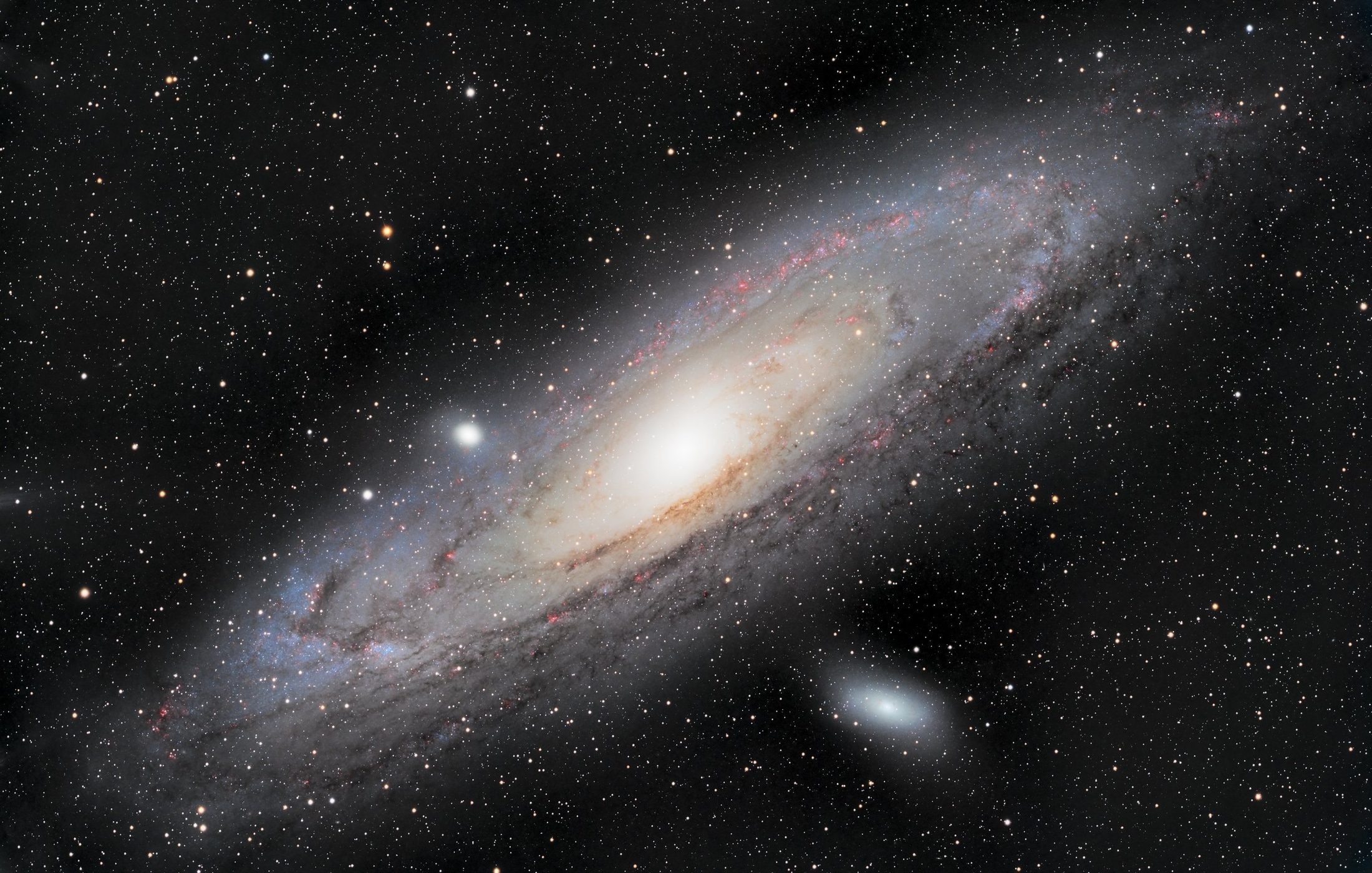 The luminous spiral of the Andromeda Galaxy against a field of stars